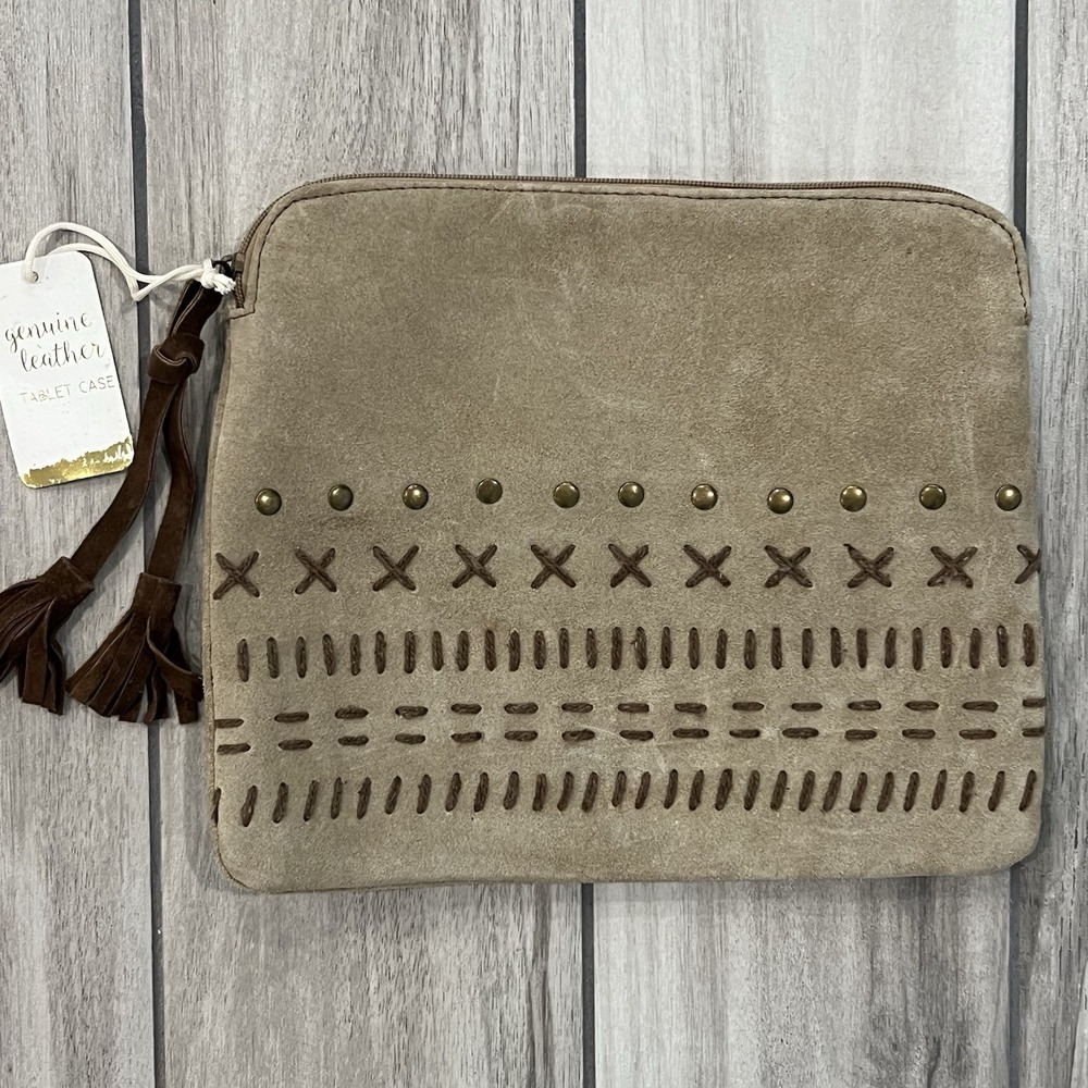 Genuine Leather Tablet Case Women OS Taupe Like New Boho Suede Studded Tassel - Picture 2 of 6
